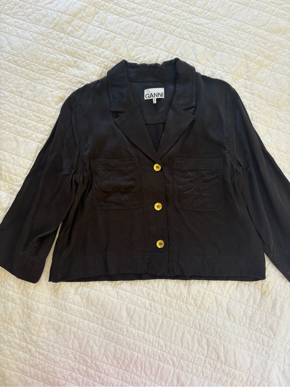 GANNI Black Button-Front Lightweight Blouse